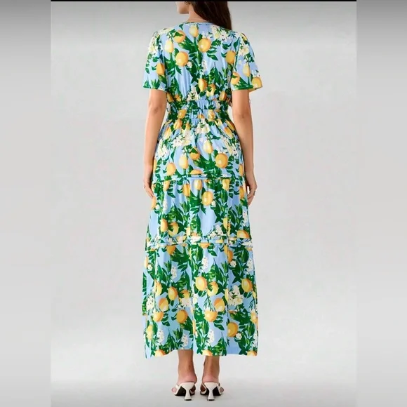 New- Women Floral Lemon Print Maxi Dress with Pockets - Medium - Picture 3 of 4
